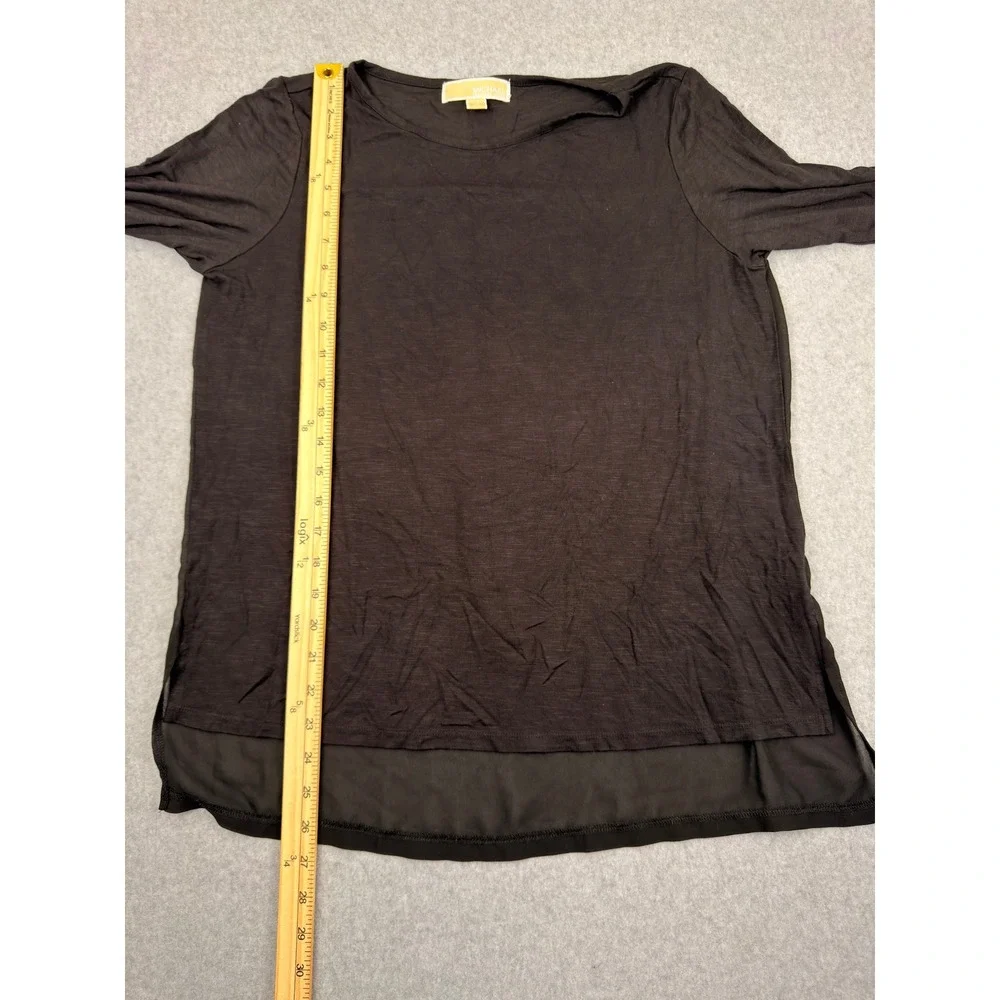Michael Kors Womens Black Mixed Media 3/4 Sleeve High Low Knit Woven Top Size M